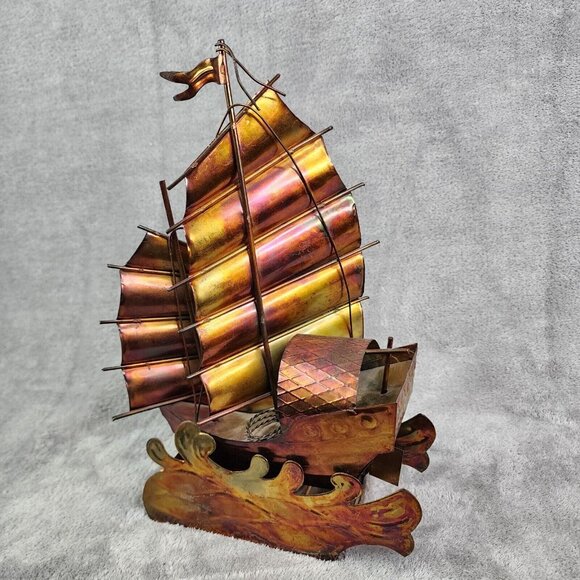 Vintage Copper Art Musical Kinetic Sailing Ship Plays Beyond the Reef Music - Picture 10 of 16